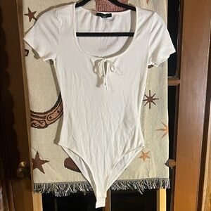 Forever 21 Cream Ribbed Bodysuit with Tie Front